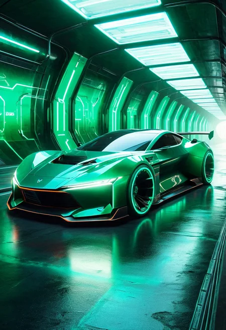 A futuristic sports car speeding through a neon-lit tunnel in a cyberpunk city, emeraldmorph