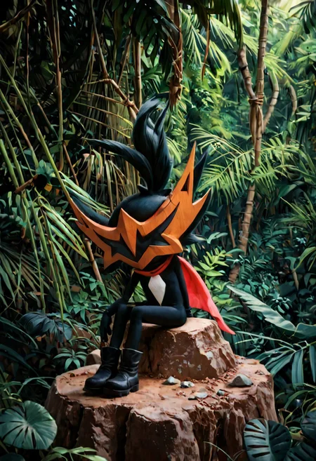score_9,score_8,score_7, taterazay, mask, red cape, arms, sitting, relaxed, high quality, jungle background, rocks, hands, legs, boots, full body, background, highres, high resolution, looking away, epic, good angle,