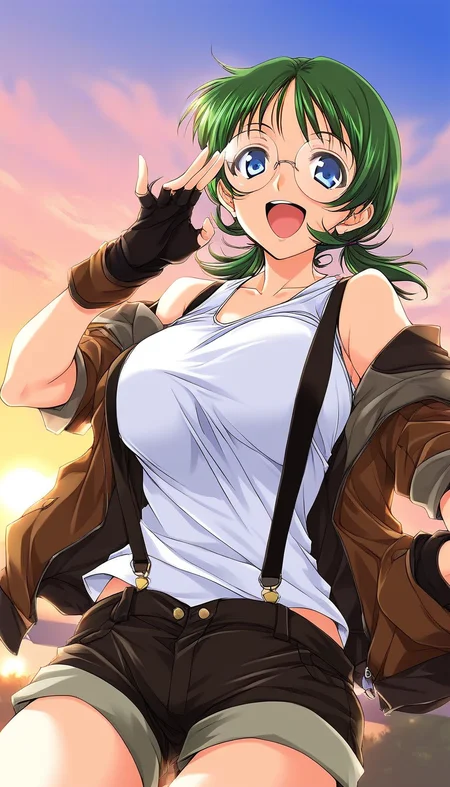 score_9, score_8_up, score_7_up, source_anime, rating_explicit, BREAK <lora:Sakurako_Ver2.0_XL:1> Sakurako, solo, glasses, green hair, blue eyes, twintails, short hair, large breasts,
smile, open mouth,
gloves, shorts, fingerless gloves, tank top, phone, jacket, suspenders,
sunset, outdoor, sky,