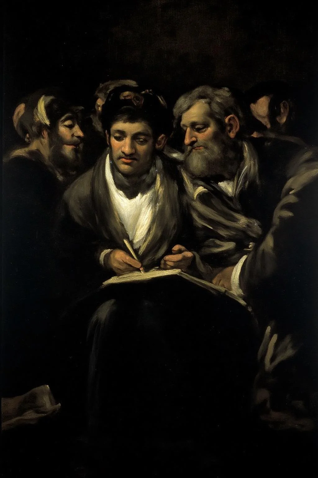 g0ya1 painting of a group of men reading a book in the dark. <lora:g0ya2_cap_d6a3e12:1.0><lora:823852878881091653:0>