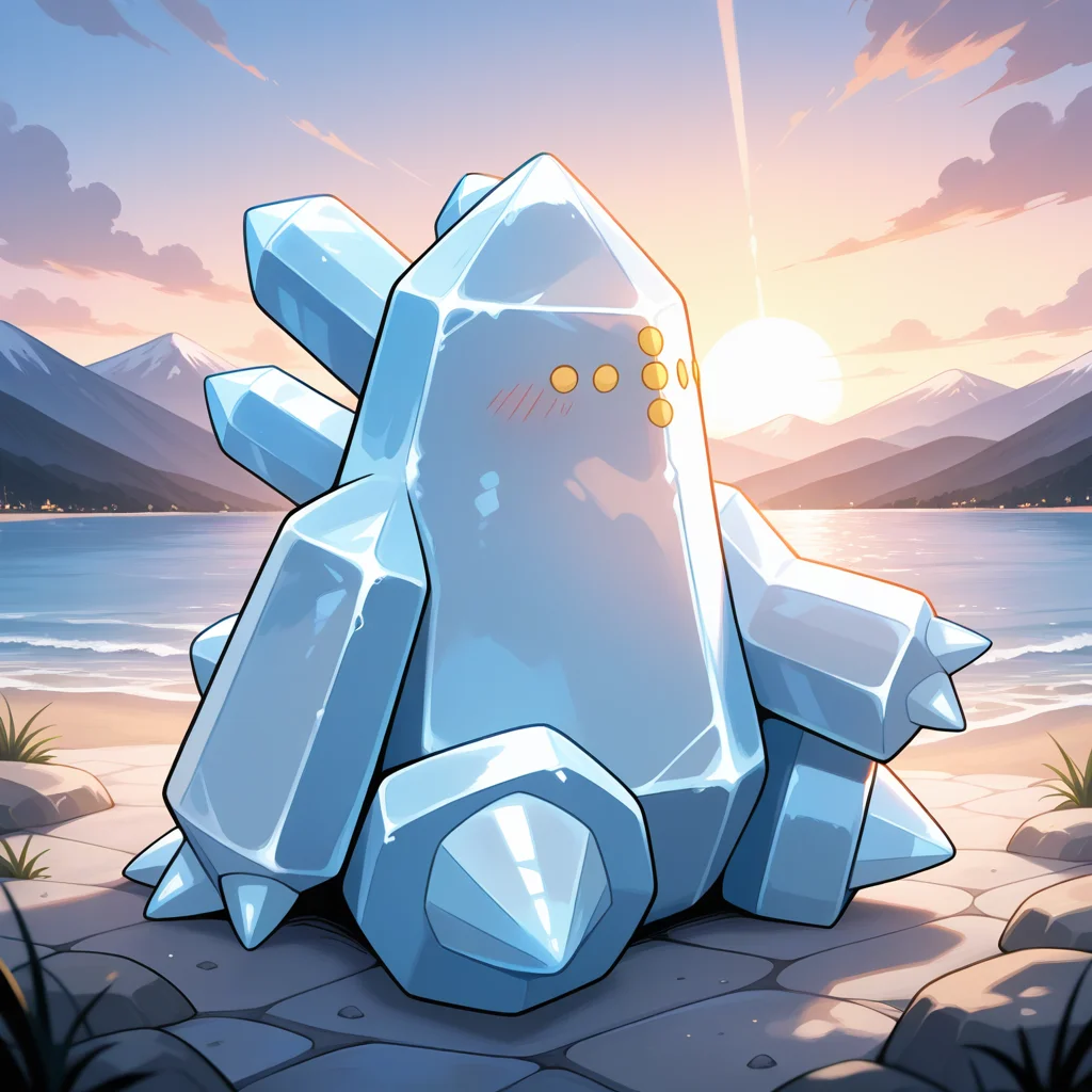 detailed, detailed_backgroun, vibrant, amazing quality, beautiful quality, BREAK <lora:regice-15:1> (pregi), pokemon \(creature\), ice_body, ((symmetrical_design)), 1other, 3finger_hand, mountainous horizon, solo, sitting, blush, fewer digits,
