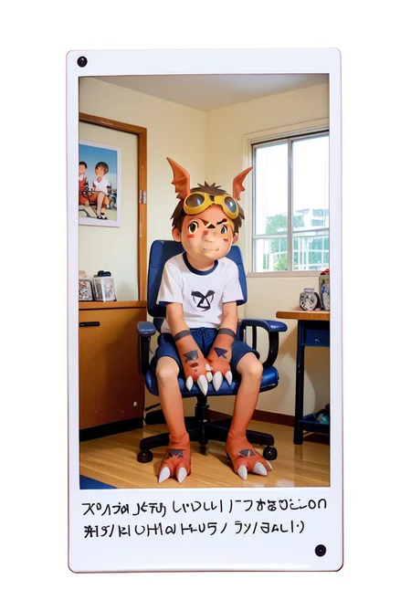 score_9, score_8_up, score_7_up, zPDXL2,
,takato sitting chair hold guilmon,
1boy, solo, goggles on head, brown hair, jyojifuku, white shirt, short sleeves, shorts, gym uniform,,,polaroid_photo,feral,digimon