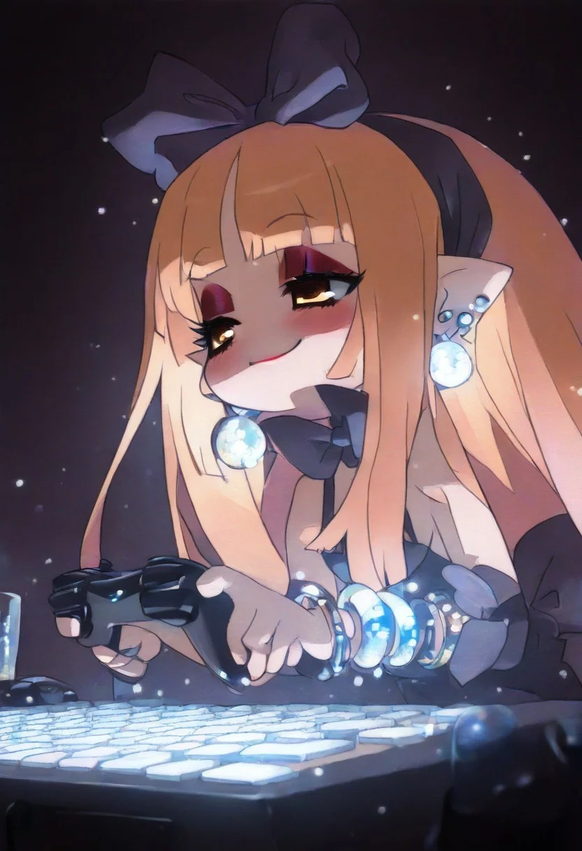 masterpiece, best quality, good quality, very aesthetic, absurdres, newest, 8K, detailed anime, depth of field, focused subject, vibrant colours, anime, BREAK front portrait of mage \(disgaea\), drunk, happy 1girl, mage \(disgaea\), blonde hair, golden eyes, long hair, big headband, side big bow, (makeup), ((lipstick)), ((eyeshadow)), ((long eyelashes)), mascara, sleeveless shirt, sparkly bracelets, ((multiple bracelets)), flash bracelets, (sparkly earrings, loop earring, silver earring)), sexy face, (handbag), playing on a gaming computer with 3 monitors, holding a game controller