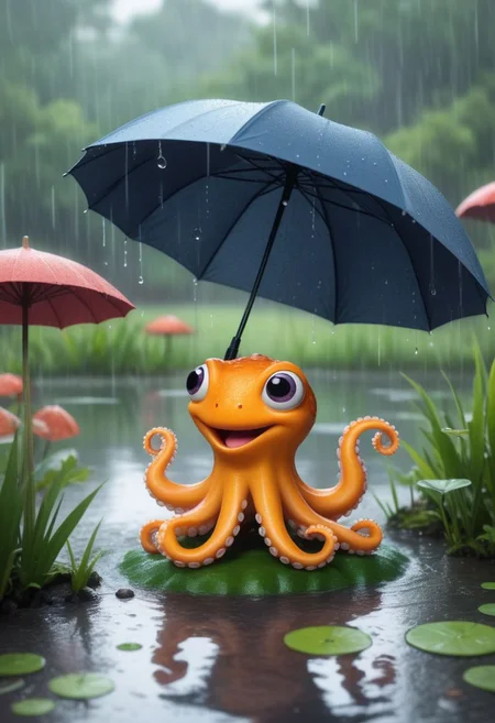 baby octopus with an ombrella, singing near a pond, on a raining day, frogs in the background, in the style of pixar, cuteness overload