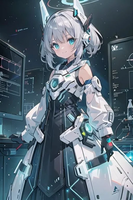 (masterpiece), (science fiction:1.4), 1girl, standing, smile, silver hair, aqua eyes, headgear, long sleeves, detached sleeves, glowing energy clothing, light particles