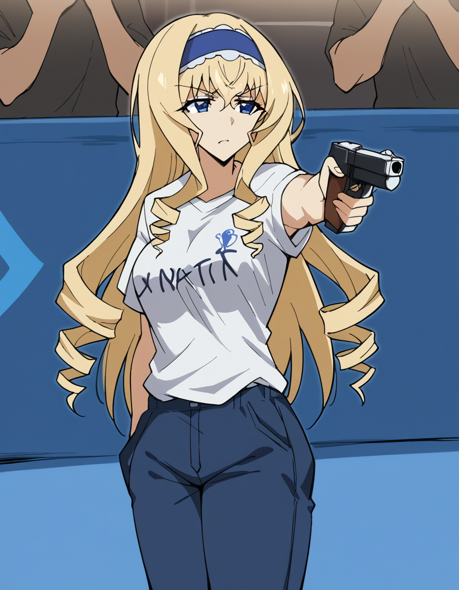 score_9, score_8_up, score_7_up, source_anime, <lora:cecilia-alcott-s2-ponyxl-lora-nochekaiser:1>, cecilia alcott, long hair, blue eyes, blonde hair, hairband, drill hair, blue hairband, large breasts,, <lora:yusuf-dikec-ponyxl-lora-nochekaiser:1> yusuf dikec, yusuf dikec (meme), meme, hand in pocket, handgun, holding gun, gun, shirt, t-shirt, pants, audience,, , cowboy shot,