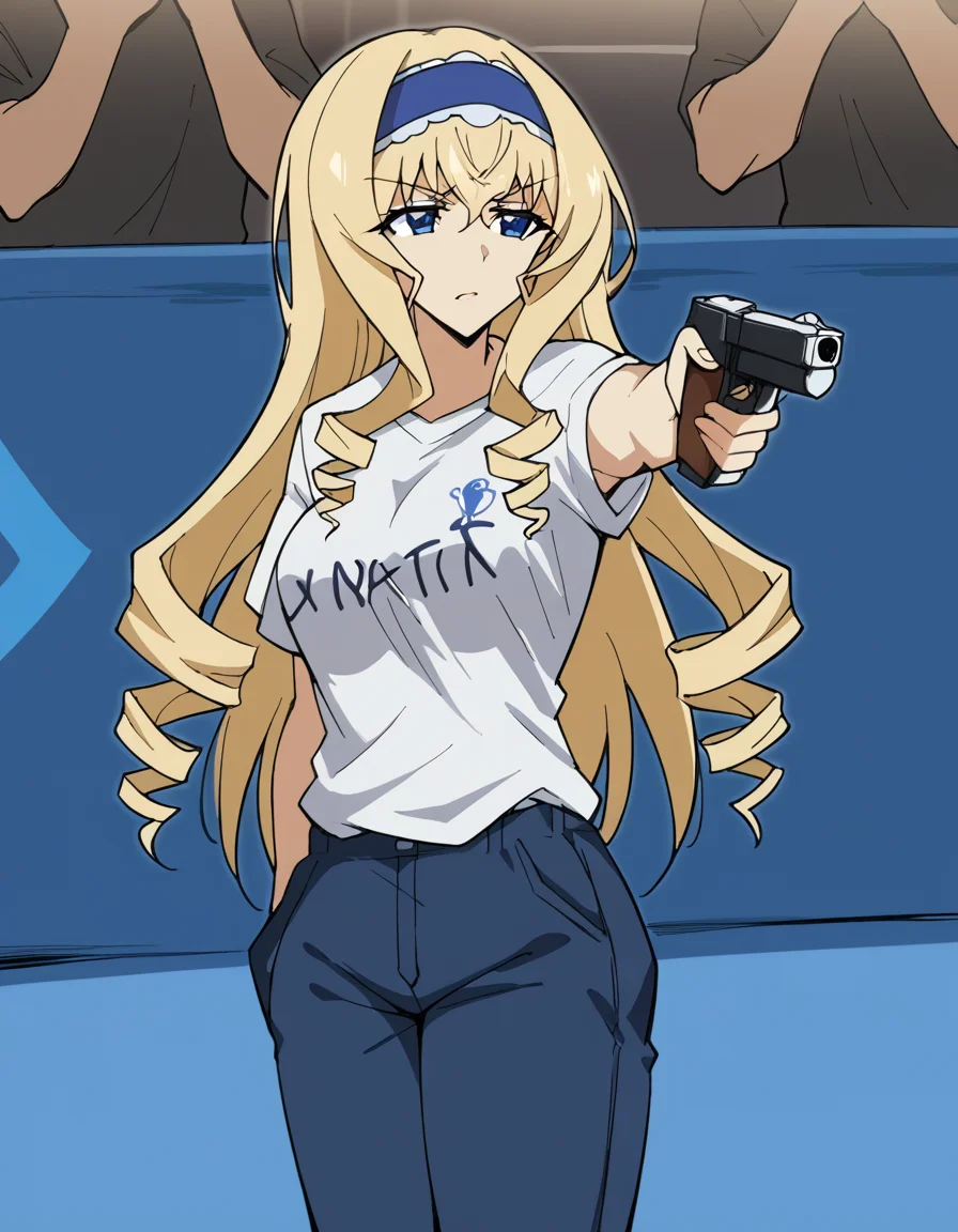 score_9, score_8_up, score_7_up, source_anime, <lora:cecilia-alcott-s2-ponyxl-lora-nochekaiser:1>, cecilia alcott, long hair, blue eyes, blonde hair, hairband, drill hair, blue hairband, large breasts,, <lora:yusuf-dikec-ponyxl-lora-nochekaiser:1> yusuf dikec, yusuf dikec (meme), meme, hand in pocket, handgun, holding gun, gun, shirt, t-shirt, pants, audience,, , cowboy shot,