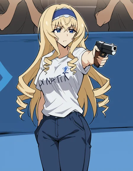 score_9, score_8_up, score_7_up, source_anime, <lora:cecilia-alcott-s2-ponyxl-lora-nochekaiser:1>, cecilia alcott, long hair, blue eyes, blonde hair, hairband, drill hair, blue hairband, large breasts,, <lora:yusuf-dikec-ponyxl-lora-nochekaiser:1> yusuf dikec, yusuf dikec (meme), meme, hand in pocket, handgun, holding gun, gun, shirt, t-shirt, pants, audience,, , cowboy shot,