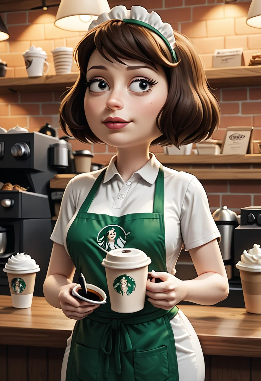 score_9, score_8_up, score_8, <lora:Tamantha_Guterman_aka._Tammy_Rick_and_Morty_for_PonyXL:0.7> 1girl, t4mmy, brown hair, short hair, coffee shop, unform, apron,