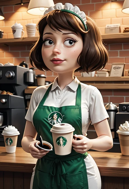 score_9, score_8_up, score_8, <lora:Tamantha_Guterman_aka._Tammy_Rick_and_Morty_for_PonyXL:0.7> 1girl, t4mmy, brown hair, short hair, coffee shop, unform, apron,