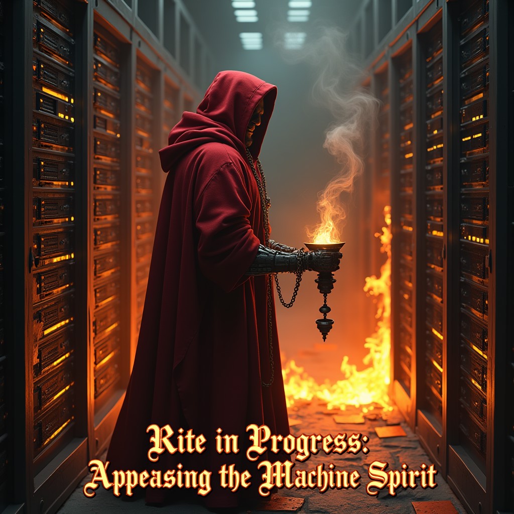 Digital art in style of Warhammer 40000. Figure of a man is wearing red hooded robes and mechanical arm is standing in a server room. Servers are burning and on fire. There is a faint outline of a skull visible in fire. Man is holding a censer on a chain with incense that emits light thin smoke.  Text at the bottom says "Rite in Progress: Appeasing the Machine Spirit". Text is in gothic style.