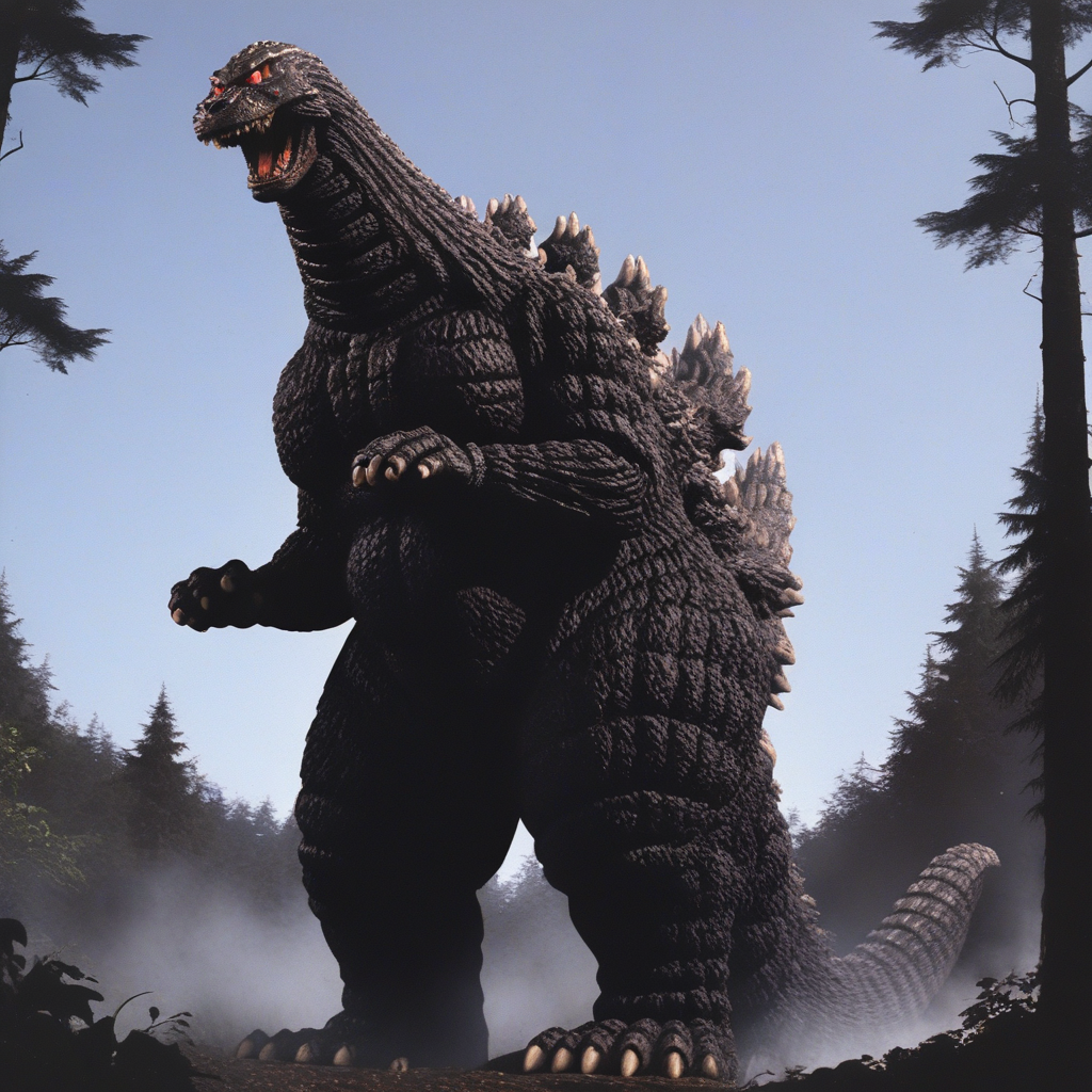 solo,kaijuu,no humans,teeth,sharp teeth,monster,red eyes,glowing eyes,tail, rough skin, claws,realistic,clear sky, forest, gigantic monster,looking at viewer,from below,lateral pose