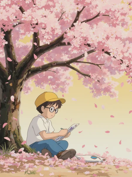 A young boy with big glasses and a yellow cap is sitting under a cherry blossom tree, drawing pictures of the flowers. The tree is in full bloom, with soft pink petals drifting to the ground. The light is bright and warm, indicating midday. The air is filled with the sweet scent of the blossoms, and a light breeze stirs the petals.