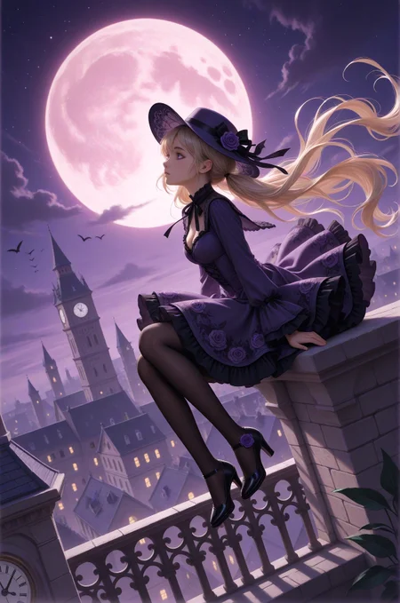  a young woman with long blonde hair, wearing a purple dress with intricate patterns and black heels, standing on a balcony at night, looking up at a large, full moon. The background features a cityscape with tall buildings and a clock tower. The woman has a serene expression, and the sky is filled with stars. The image is vibrant and detailed, with a soft, dreamy quality..    
,photorealistic,masterpiece, best quality, amazing quality, very aesthetic, perfect eyes, 24yo, ( dramatic lighting) ,
,1girl, solo, long_hair, breasts, blonde_hair, long_sleeves, dress, hat, ribbon, cleavage, very_long_hair, sitting, twintails, medium_breasts, purple_eyes, full_body, flower, pantyhose, outdoors, frills, sky, shoes, cloud, black_footwear, from_side, high_heels, black_pantyhose, neck_ribbon, black_ribbon, dutch_angle, profile, floating_hair, night, low_twintails, bird, rose, floral_print, frilled_dress, moon, building, wind, purple_dress, full_moon, ta_fashion, purple_flower, hat_flower, clock, looking_ahead, purple_headwear, purple_theme, castle, tower, purple_rose, red_moon, rooftop, purple_sky, clock_tower, huge_moon, on_railing

