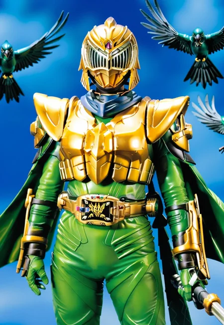 solo, crow, green bodysuit, gold armor, helmet, tokusatsu, rider belt, survive, samurai
