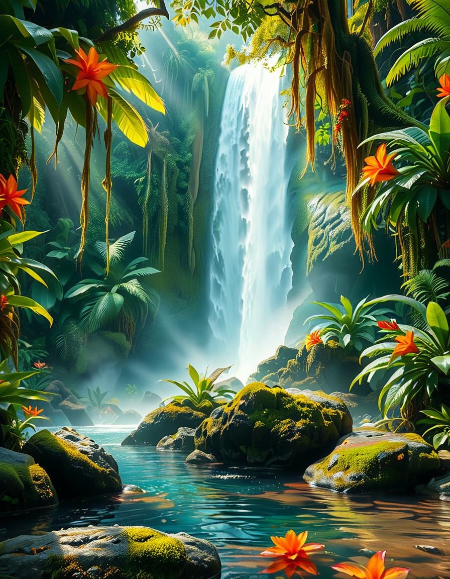 A stunning and tranquil view of a jungle waterfall cascading down smooth, moss-covered rocks into a crystal-clear pool below. The scene is surrounded by dense, lush greenery, with towering tropical trees and vibrant, oversized ferns creating a natural canopy that filters sunlight into dappled patterns on the forest floor. Brightly colored flowers in shades of red, orange, and purple add splashes of color among the greenery, while vines and roots wind their way around the rocks and trees. Mist rises from the base of the waterfall, catching the sunlight and creating a soft, ethereal glow, with a faint rainbow visible in the spray. Exotic birds with iridescent feathers can be seen perched on branches, and the faint sound of distant animal calls adds to the sense of a thriving, untouched paradise. The overall atmosphere is serene, magical, and vibrant, capturing the untamed beauty of nature.<lora:SDXLFaeTastic2400:0.4> <lora:extremely_detailed:0.4> extremely detailed, <lora:Jungle_w4t3rf4ll:1>,Jungle w4t3rf4ll, Masterpiece,best quality,hi res,8k,hi res,8k,award winning,(sharp focus, intricate, highly detailed),