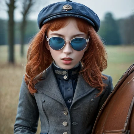 1girl, a small vampire, dressed in jodhpurs and a Norfolk jacket, reddish hair done up under an oversized tweed cap, eyes shielded by thick blue-tinted glasses, Fang