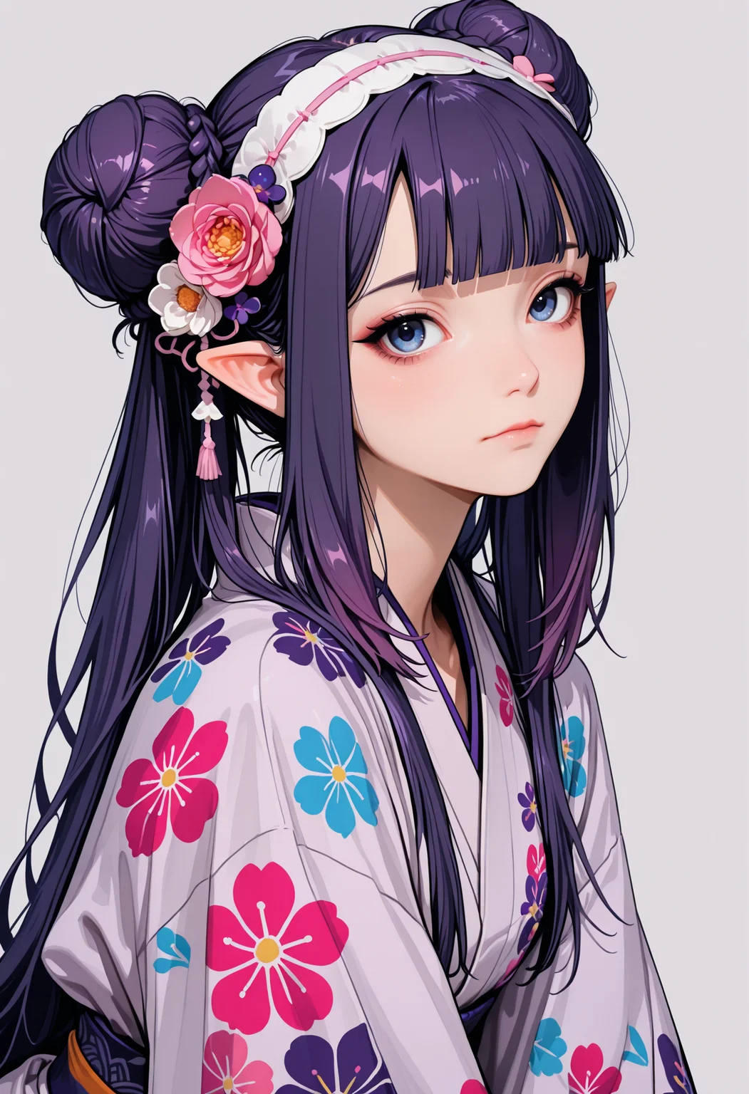 masterpiece, best quality, amazing quality, ninomae ina'nis, 1girl, solo, long hair, looking at viewer, blue eyes, hair ornament, closed mouth, very long hair, upper body, braid, purple hair, flower, sidelocks, hairband, japanese clothes, pointy ears, virtual youtuber, blunt bangs, hair flower, official alternate costume, grey background, kimono, hair bun, from side, double bun, leaning forward, official alternate hairstyle, haori, braided bun,
<lora:748cm_illu:0.4> 7481llu <lora:4kiak4ne:0.4> 4ki4k4ne_illu <lora:NOOB_vp1_detailer_by_volnovik_v1:1> <lora:noobai_ep11_stabilizer_v0.114_fp16:1> <lora:ponyv6_noobV1_2_adamW:0.3> <lora:ck-shadow-circuit-IL:0.45> in the style of cksc