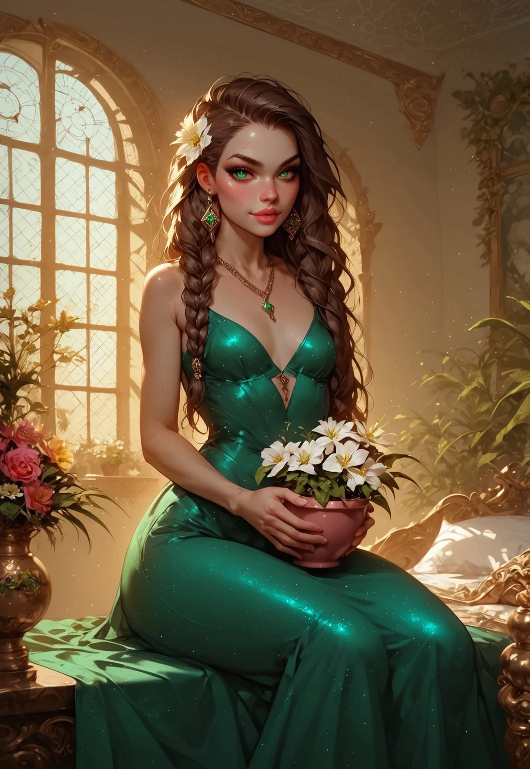 safe_pos, safe_pos, score_9, score_8_up, score_7_up, score_6_up, score_5_up, score_4_up, human female, girl, short, beautiful, seductive, white skin, curvy, hourglass figure, wide hips, small breasts, perky breasts, chocolate brown hair, long hair, braided hair, side braid, emerald eyes, round eyes, big mouth, filled lips, small ears, round ears, round face, snub nose, beautiful face, aesthetic face, bronze jewelry, emerald jewelry, emerald wrap dress, bronze silk dress, friendly, naughty, mischievous, friendly smile, sitting on bed, holding pot of flower on lap, holding pot of flower with both hands, big flower, beautiful white flower, luxurious brothel, brothel room, golden and green decorations in background, emerald carpet, bronze furnitures, green plants in the background, bronze columns in background, decorated window in background, artistic background Expressiveh, g0th1c