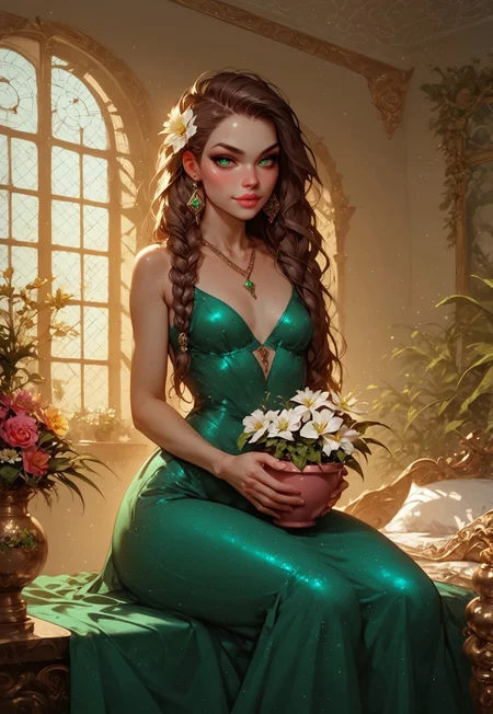 safe_pos, safe_pos, score_9, score_8_up, score_7_up, score_6_up, score_5_up, score_4_up, human female, girl, short, beautiful, seductive, white skin, curvy, hourglass figure, wide hips, small breasts, perky breasts, chocolate brown hair, long hair, braided hair, side braid, emerald eyes, round eyes, big mouth, filled lips, small ears, round ears, round face, snub nose, beautiful face, aesthetic face, bronze jewelry, emerald jewelry, emerald wrap dress, bronze silk dress, friendly, naughty, mischievous, friendly smile, sitting on bed,  holding pot of flower on lap, holding pot of flower with both hands, big flower, beautiful white flower, luxurious brothel, brothel room, golden and green decorations in background, emerald carpet, bronze furnitures, green plants in the background, bronze columns in background, decorated window in background, artistic background Expressiveh, g0th1c