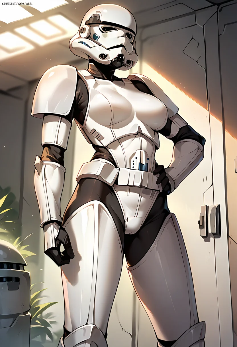 score_9, score_8_up, score_7_up, source_anime, masterpiece, 1girl, solo, ctiantk421, large breasts, armor, leotard, bodysuit, greaves, black gloves, helmet, looking at viewer, ourdoors, <lora:Stormtrooper_tk421_pony_clothing_ct:0.8>,