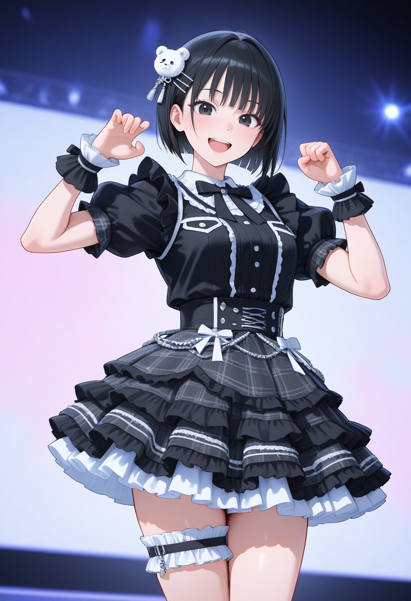 masterpiece,best quality,amazing quality, very aesthetic, ((outlined outlined vector graphics)), cute face, (glow eyes:0.5) ,  looking at viewer, cowboy shot,
1girl,20yo, black hair, black eyes, short bob hair, hair pin,mdeium  breast, slender,(white thigh strap:1.1),
black clothes, (focus female), happy ,action pose  , (clothed:1.1),
idol, idol outfit, japanese-idol-outfit, clothed, frilled dress,, idol stage, , open eyes , ,
,  <lora:idol-outfit-il-20:1.0>