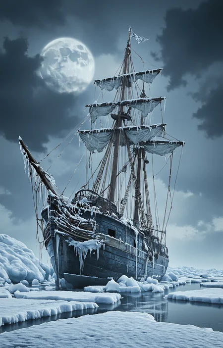digital painting depicting an old, rugged sailing ship frozen in ice. The ship, with its tall, weathered masts and sails, dominates the foreground. The ship's hull is covered in a thick layer of ice, giving it a ghostly, almost ethereal appearance. The masts and rigging are also encased in ice, adding to the ship's frozen state. The sails are tattered and torn, suggesting years of wear and exposure to the elements., 
The background features a large, full moon, casting a silvery glow over the scene. The moon is partially obscured by thin clouds, which contribute to the overall moody and atmospheric feel of the painting. The sky is a deep, dark blue, transitioning into lighter shades near the horizon, where the moon is located., 
The water surrounding the ship is frozen, with ice extending out into the distance, creating a surreal, icy landscape. The texture of the ice is smooth and reflective, adding to the sense of cold and isolation. The overall color palette is dominated by cool tones, with blues and whites predominating, enhancing the feeling of cold and desolation., <lora:aidmaImageUpraderv0.3:0.4>, aidmaimageupgrader, <lora:diffusion_pytorch_model:1>, <lora:aidmaMJ6.1_v0.5_3:0.7>, aidmaMJ6.1, ultra quality, ultra detailed, intricate details