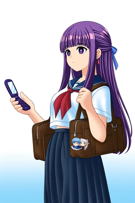 higurashiog, sousou no frieren, eisen \(sousou no frieren\), fern \(sousou no frieren\), frieren, heiter, himmel \(sousou no frieren\), 2girls, bag, black skirt, blue ribbon, blue sailor collar, blunt bangs, brown bag, cellphone, character sticker, cowboy shot, earrings, elf, flip phone, from side, gradient background, green eyes, hair ribbon, holding, holding phone, jewelry, long hair, midriff, multiple girls, neckerchief, phone, pleated skirt, pointy ears, purple eyes, purple hair, red neckerchief, ribbon, sailor collar, sailor shirt, school bag, school uniform, serafuku, shirt, short sleeves, shoulder bag, simple background, skirt, summer uniform, twintails, very long hair, white hair, white shirt, 
(masterpiece, best quality, absurdres, highres), very awa, 