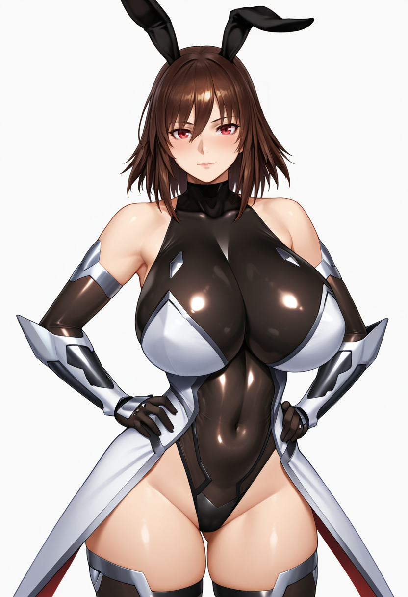 masterpiece, best quality,
1girl, cowboy shot, 
standing, hands on own hips, 
looking at viewer, 
<lora:Mizuki_Shiranui_SK:0.7> Mizuki Shiranui SK, mature female, brown hair, short hair, red eyes, rabbit ears, thighhighs, bare shoulders, elbow gloves, leotard, covered navel, skin tight, impossible leotard, taimanin suit
simple background, white background,