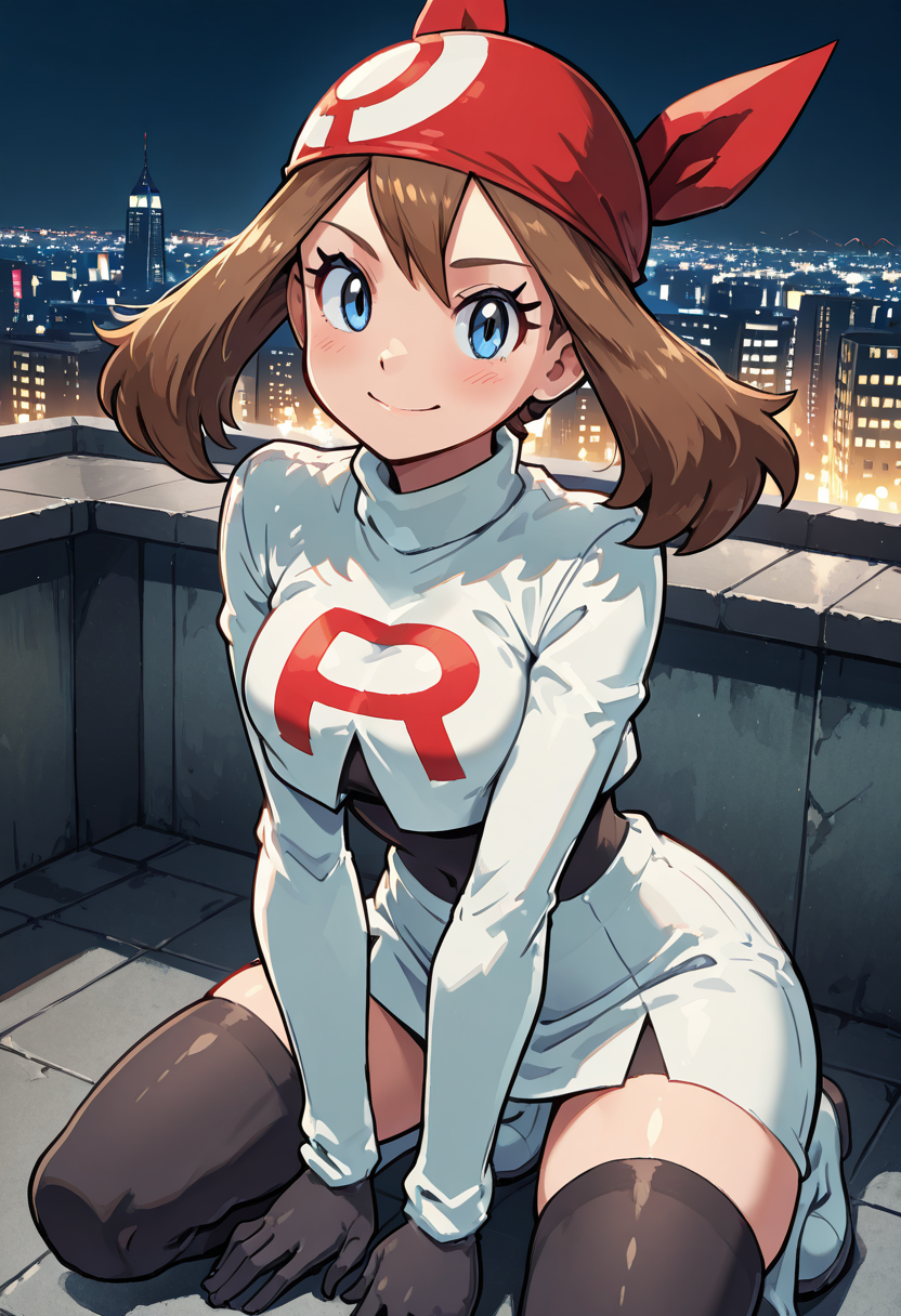 masterpiece, best quality, 1girl, solo, eyelashes, (beautiful eyes), smile, looking at viewer,      zzMayRocket, crouched pose, rooftop at night, city lights below, cropped jacket, black gloves gripping the edge, red bandana fluttering, stealthy stance. Perched high above the city, zzMayRocket surveys the target facility with sharp precision, ready to move at a moment's notice.   <lora:MayTeamRocketPokemon_IXL:1.0>,