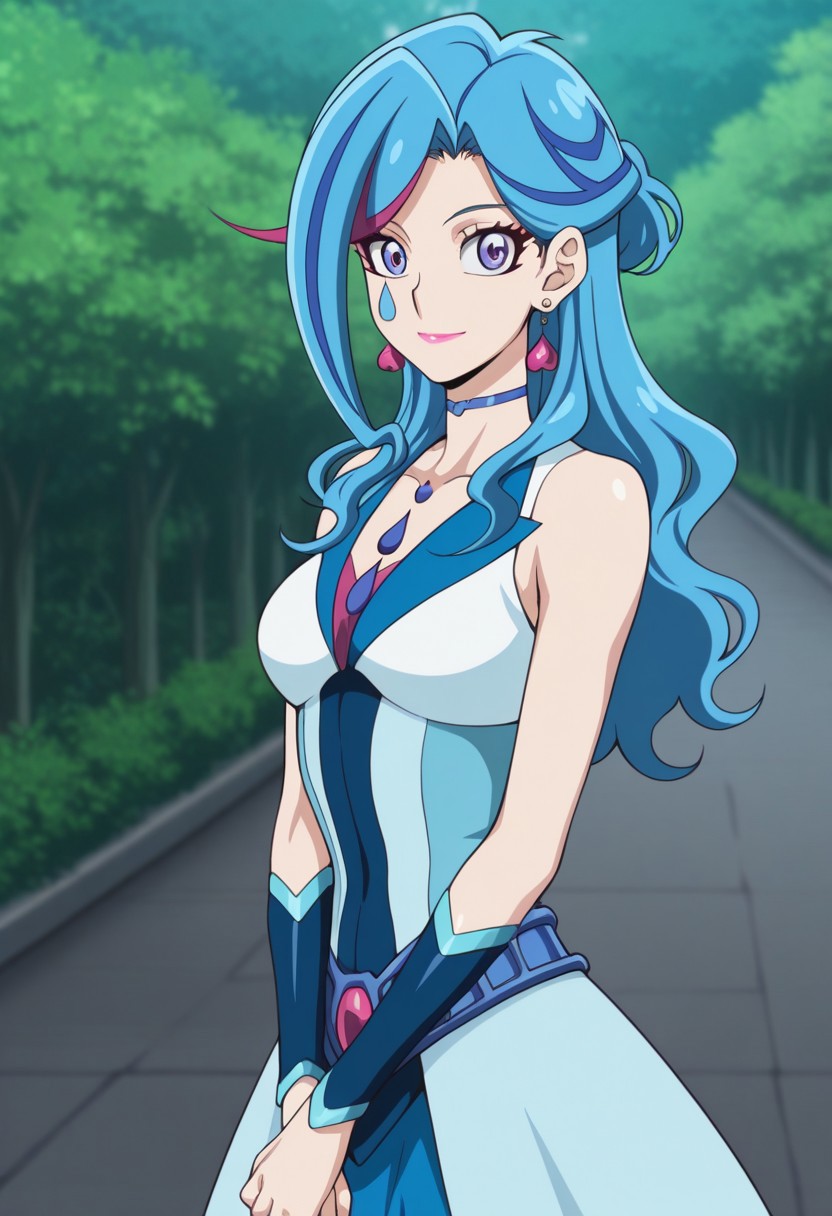 masterpiece,best quality,amazing quality, source_anime, 
AoiZaizen,1girl, solo, blue maiden outfit, makeup, lipstick, purple eyes, blue hair, multicolored hair, long hair, choker, teardrop tattoo, earring, heart earrings, dress, multicolored dress, sleeveless,  smile
outdoor,