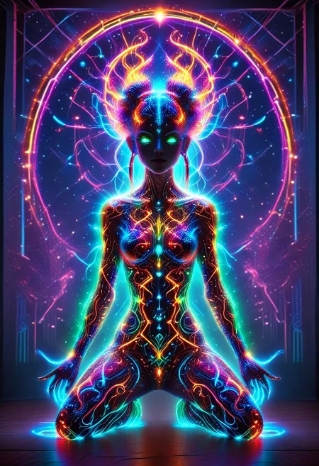 meditation pose, oriental art nouveau, earrings, red lips, planet, looking away, 1girl, necklace, gradient, city lights, purple theme, moon, a full body hi tech fire entity girl with multicolored flames, hindu gods inspiration, geometrical, purple and blue lights, green and blue lightning flames, pink energy electric eyes, professional photography of an fantastical cyber creature made with neon circuit boards, cyberflies