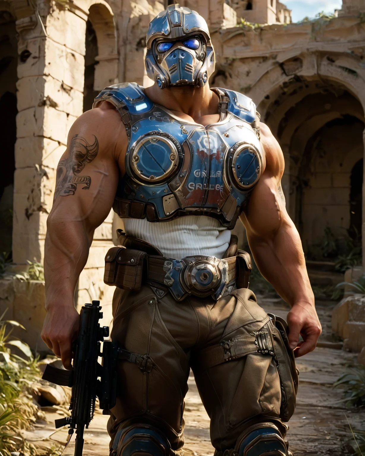 clayton_carmine, looking at viewer, armor, helmet, muscular, bara, ruins, daytime, standing, long pants, tattoo, cowboy shot, holding rifle, rifle, trigger discipline <lora:Clayton_Carmine_PonyXL-10:0.95>, score_9, score_8_up, score_7_up, score_6_up,