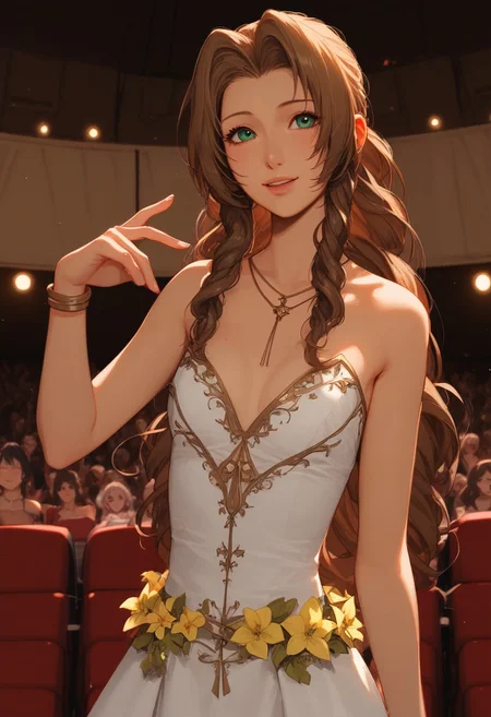 score_9, score_8_up, score_7_up, masterpiece, high quality, ultra detailed, absurdres, Expressiveh, negative_hand, g0thicPXL, neon BREAK 1girl, solo, FlowerAerith, white dress, strapless dress, long dress, yellow flower belt, hair down, long hair, brown hair, long hair, green eyes, small breasts BREAK singing, posing, sexy BREAK stage, on stage, theatre, theater, theater stage, spotlight