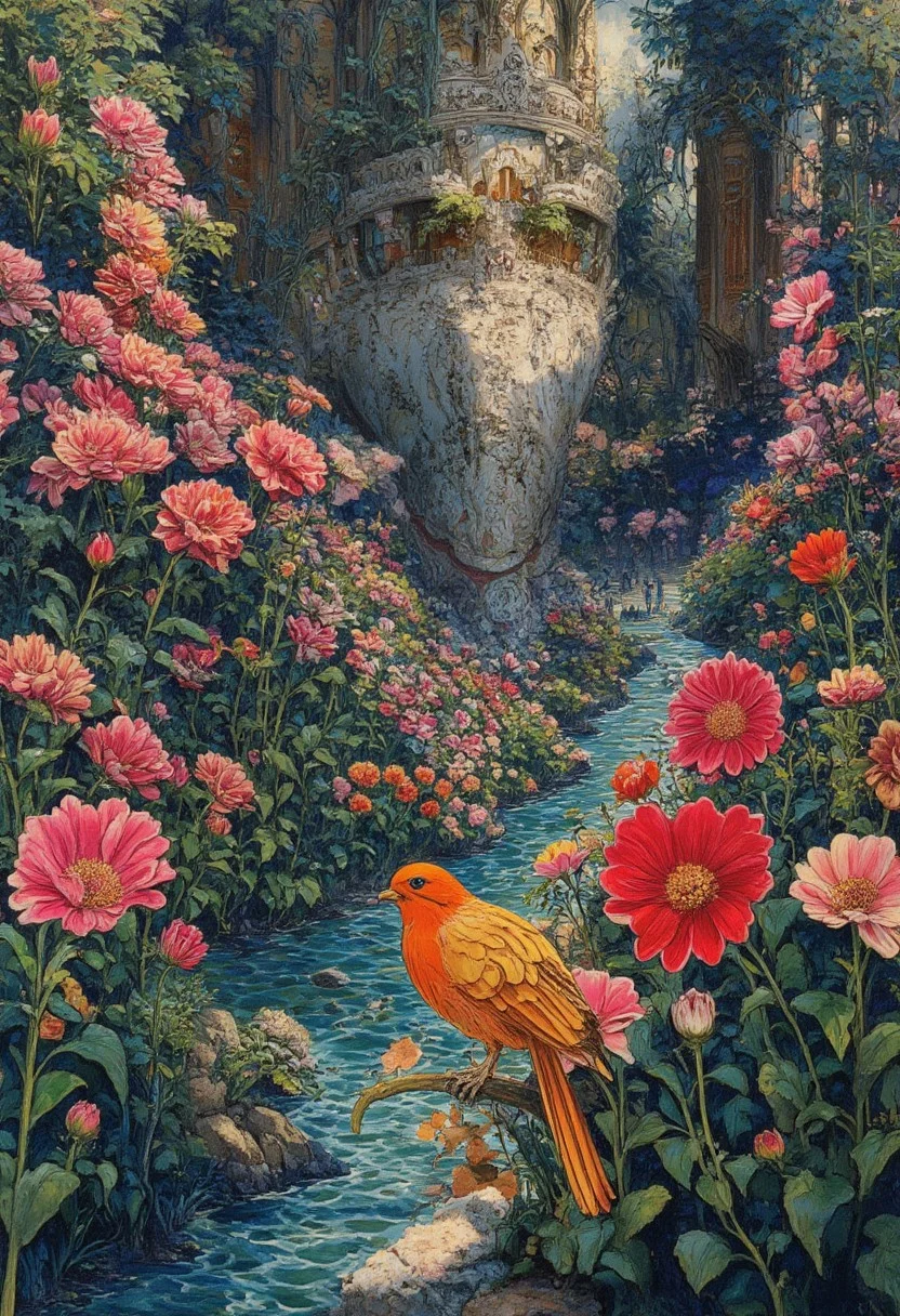 Flowers also have a day to bloom,
Birds have a day to turn back,
People seem to turn their heads,
Is it still the same as before?
ink painting, ink art, splash, traditional media, classic painting, colorful, scenery, very aesthetic, 
epic, majestic, fantasy art, dreamy, perspective, moody, magical,
intricate details, highly detailed, ultra-detailed, absurdres, beautiful, painterly, detailed, textural, artistic, vivid, vibrant,
aidmamj6.1, inksplat