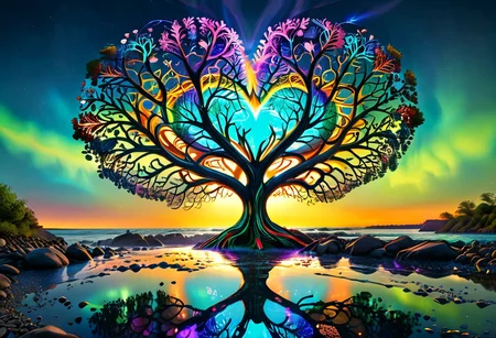 score_10 , score_9_up, score_8_up, score_7_up , score_6_up, vibrant colors, shiny_skin , prefect lighting, detailed image, snoozing , masterpiece , best quality , highly detailed , ultra quality , BREAK , (epic photo of tree , An epic photo) , ((The tree is in the middle of the screen, the tree is shaped like a heart, heart)), 
Landscape , tree , sun , river , neon lights ,  
detailed background , plant , rocks , cinematic composition , dynamic pose , 
<lora:xl_more_art-full_v1:1.2>