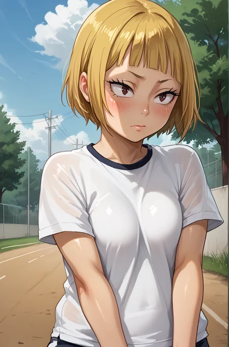 1girl, solo, blush, outdoors,
<lora:saekoTanakaXL_LoRA-C3Lier_AdamW_Dim16_Alpha16_UN-3e-4_TE-1.5e-4_10batch_ponyDiffusionV6XL_v6StartWithThisOne:0.8> tanaka saeko \(haikyuu!!\), 1girl, blonde hair, short hair, blunt bangs, brown eyes, , score_9, score_8_up, score_7_up, source anime, (shiny skin:1.20),