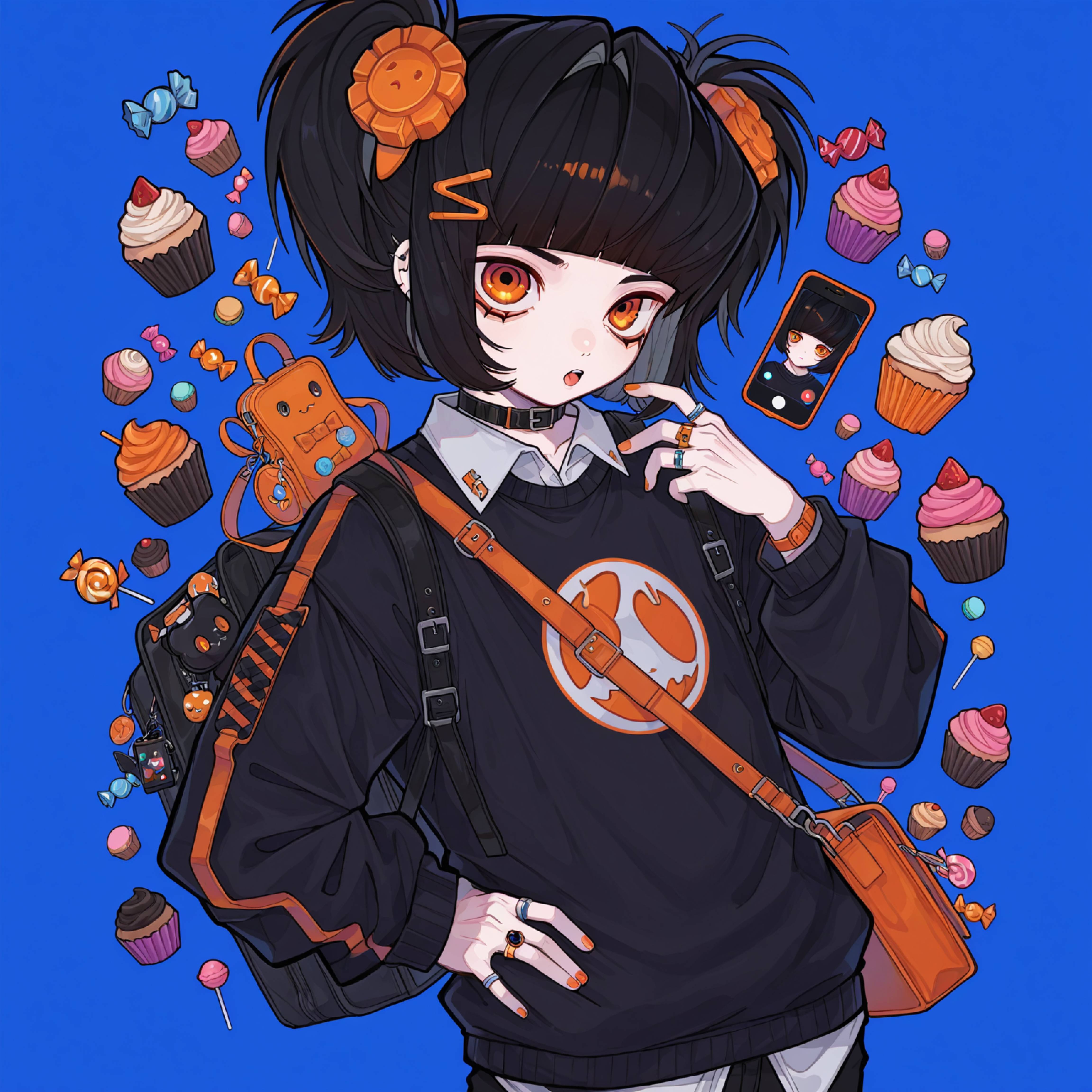 lazypos, tira_maid, bangs, ring, black hair, bag, candy, cupcake, male focus, hand on hip, orange eyes, phone, blue background