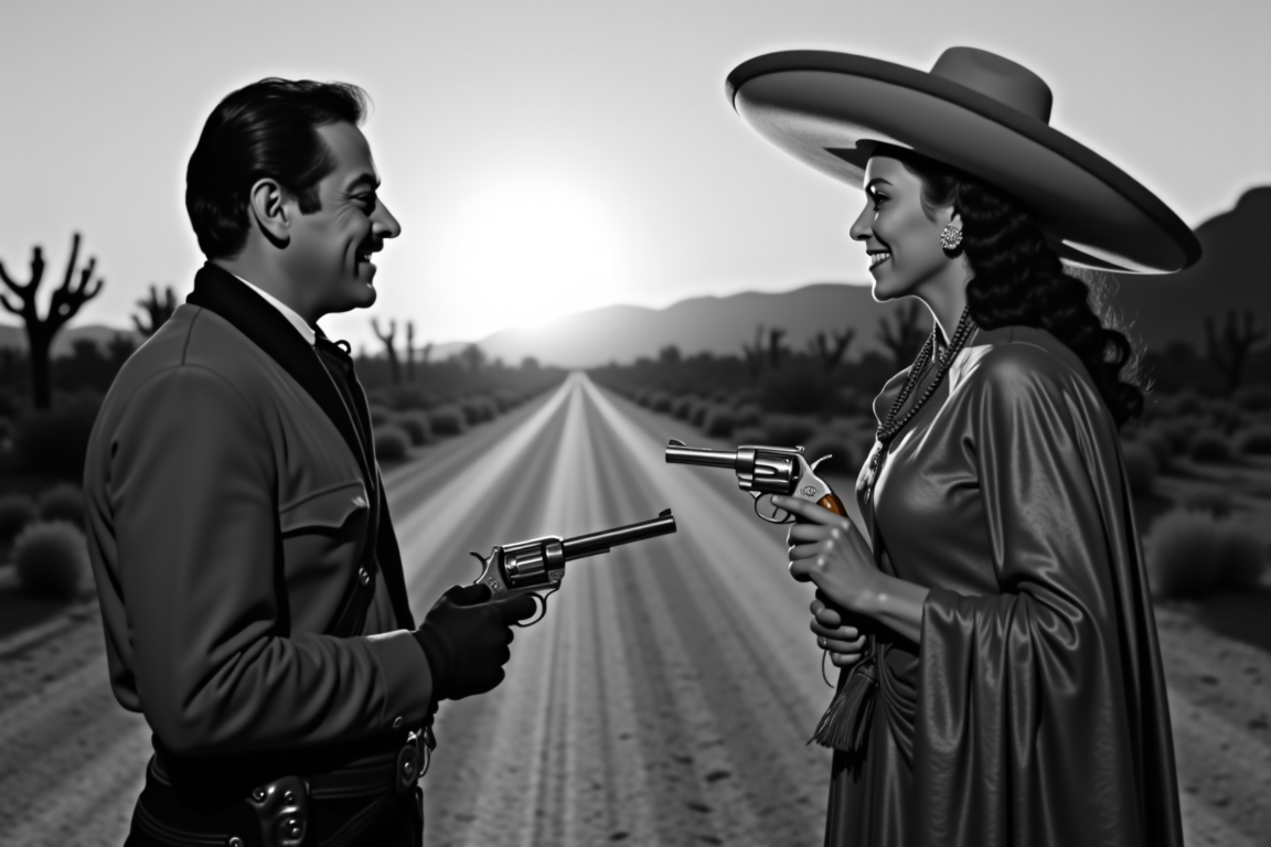 <lora:Mexican Noir Style-flux:1> mxnoirsty, black and white, dark,  The Charra and the Bandit (Western-Noir Style, Dramatic Side Lighting, Captured on a 1940s Speed Graphic Camera)
A fearless charra, her sombrero tilted back, holds a silver-plated revolver steady in her gloved hand. Opposite her, a rugged bandit in a torn serape grins through his cigar smoke, his hands resting dangerously close to his holster. The sun dips behind the saguaro cacti, casting long, menacing shadows across the dusty road between them. A 1940s Speed Graphic camera captures the high-drama with crisp detailsâthe tension is thick, the inevitable showdown just seconds away.
