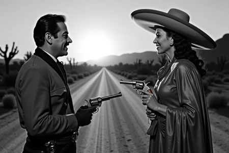 <lora:Mexican Noir Style-flux:1> mxnoirsty, black and white, dark,  The Charra and the Bandit (Western-Noir Style, Dramatic Side Lighting, Captured on a 1940s Speed Graphic Camera)
A fearless charra, her sombrero tilted back, holds a silver-plated revolver steady in her gloved hand. Opposite her, a rugged bandit in a torn serape grins through his cigar smoke, his hands resting dangerously close to his holster. The sun dips behind the saguaro cacti, casting long, menacing shadows across the dusty road between them. A 1940s Speed Graphic camera captures the high-drama with crisp detailsâthe tension is thick, the inevitable showdown just seconds away.