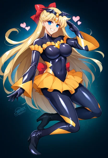 score_9,score_8_up,score_7_up, score_6_up, uncensored, source_anime, 5_fingers, 1girl, solo, black badend-bodysuit, badend-tiara, yellow frills, yellow skirt, yellow gem, latex bodysuit, zPDXL2, good_hands, full body, large breasts, by hiroyama_hirosh,  csr style, tall female, sailor venus, blonde hair, blue eyes, bow, hair bow, half updo, long hair, red bow, tiara, salute, empty eyes, evil grin, corruption, hearts