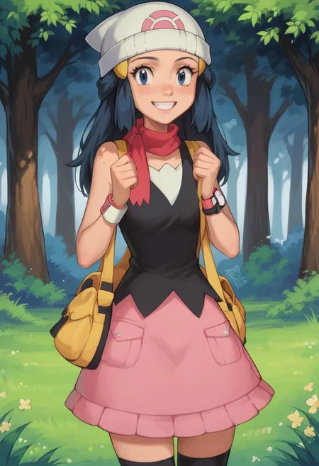 Score_9, score_8_up, score_7_up, rating_safe, solo, 1girl, pokemondawn, pokemon dawn, black hair, blue eyes, sidelocks, long hair, 4RCH0N, bare shoulders, beanie, black shirt, black socks, bracelet, hat, jewelry, kneehighs, miniskirt, pink skirt, red scarf, scarf, shirt, skirt, sleeveless, sleeveless shirt, white headwear, outdoors, happy, smile