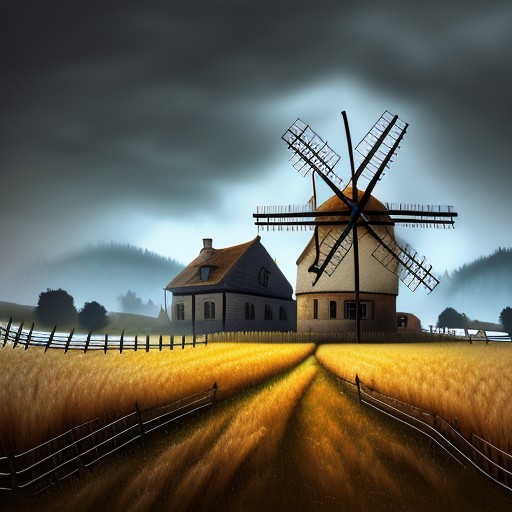 RAW photo, (masterpiece:1.3), subsurface scattering, heavy shadow, (high quality:1.4), (intricate, high detail:1.2), professional photography, HDR, High Dynamic Range, realistic, ultra realistic, photorealistic, high resolution, film photography, ambient lighting, atmospheric effects, <lora:detail_slider_v4:2>, OverallDetail, nice fantasy farmhouse, wheat fields, windmill, fence, fantfa, <lora:FantasyFarm:1>