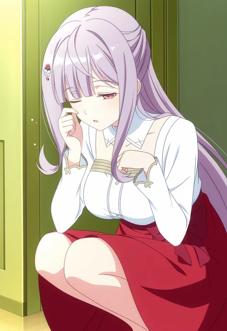 Mia Adenauer,red skirt,skirt,shirt,bow,long sleeves,hair ornament,
solo,blunt bangs,1girl,solo,<lora:Mia ADENAUER_illustrious-000038:1>,squatting,sleepy,leaning_forward,presenting breasts