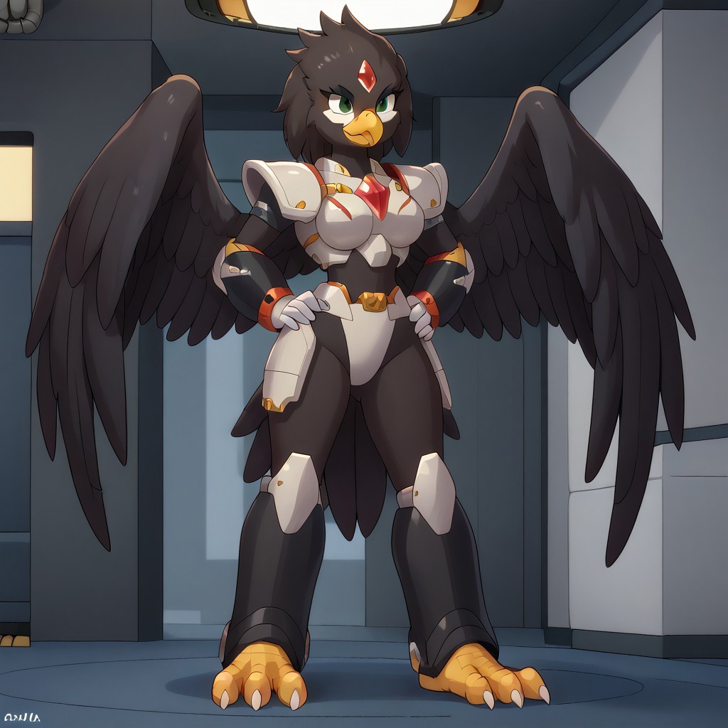 Solo, front view, full body,
1girl, black body, white face, avian, black feathers, black beak, anthro, dark green eyes, slick back hair, yellow talons, ((black wings:1.4)), tail feathers, curvy, thick thighs, medium breasts, black armor, black shoulder pads, black arm guards, white gloves, black armored codpiece, black shinguards, kneepads, (single red gem on the forehead:1.1),
Hands on hips, full view,