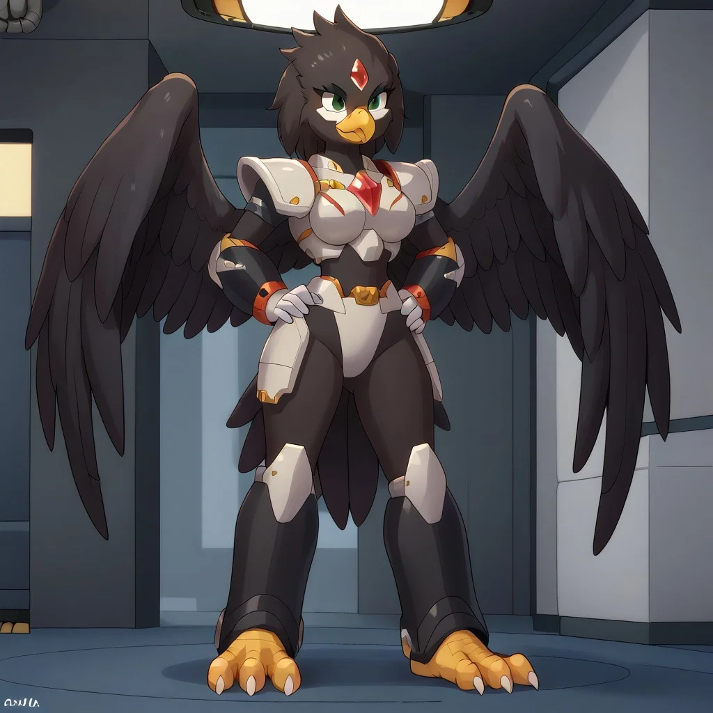 Solo, front view, full body,
1girl, black body, white face, avian, black feathers, black beak, anthro, dark green eyes, slick back hair, yellow talons, ((black wings:1.4)), tail feathers, curvy, thick thighs, medium breasts, black armor, black shoulder pads, black arm guards, white gloves, black armored codpiece, black shinguards, kneepads, (single red gem on the forehead:1.1),
Hands on hips, full view,