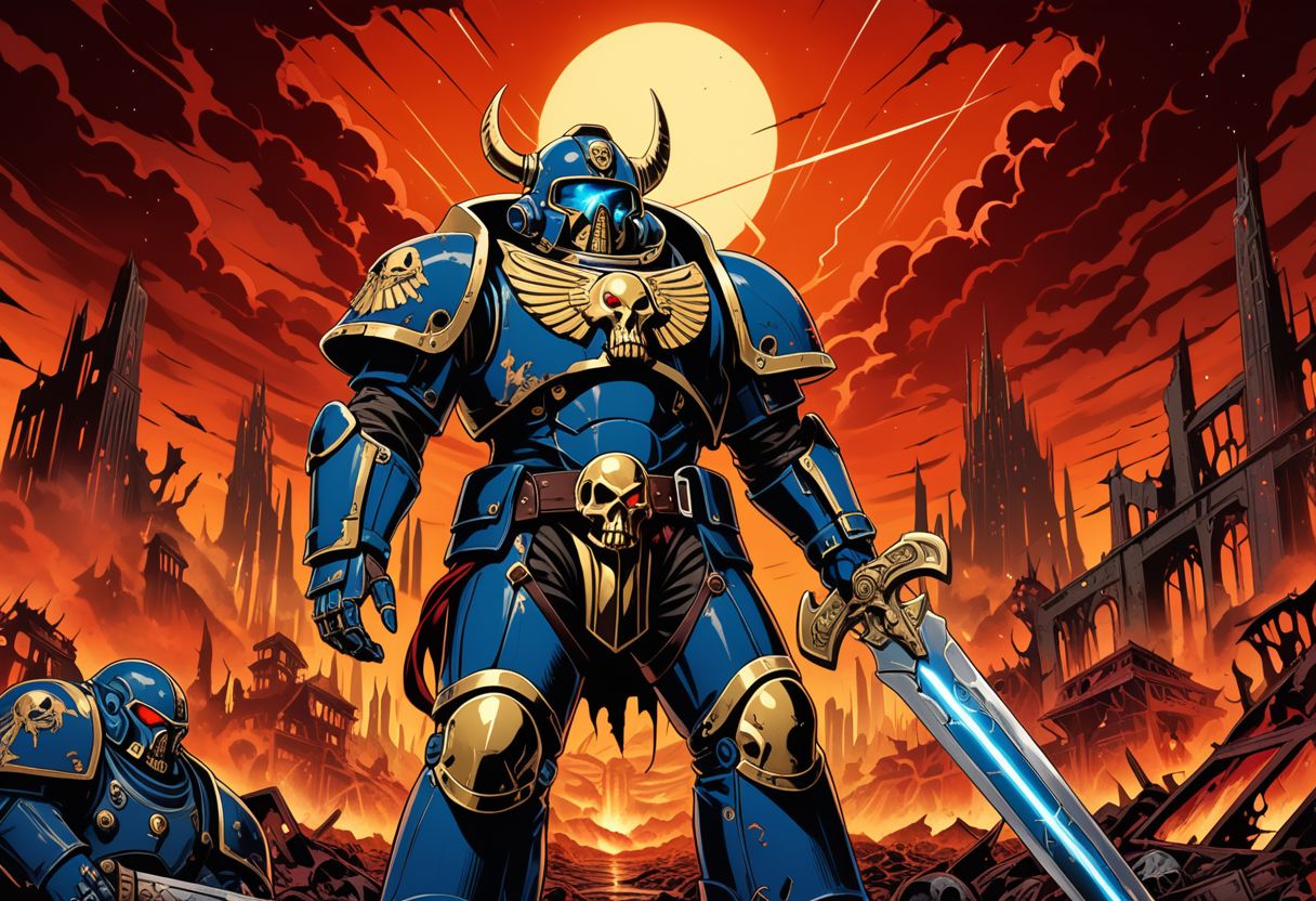 An intricately detailed 4K screencap from a high-budget modern anime production, with clean professional linework and vibrant colors. It depicts a 1man wielding a chainsword on a blasted hellscape, dilapidated ruined city, red skies, wearing a suit of sleek, shiny, gold and blue advanced power armor. warhammer40k, space marine, grimdark, symmetrucal goggles, symmetrical viser, symmetrical helmet, symmetrical armor, forces of chaos, khorn