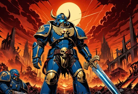 An intricately detailed 4K screencap from a high-budget modern anime production, with clean professional linework and vibrant colors. It depicts a 1man wielding a chainsword on a blasted hellscape, dilapidated ruined city, red skies, wearing a suit of sleek, shiny, gold and blue advanced power armor. warhammer40k, space marine, grimdark, symmetrucal goggles, symmetrical viser, symmetrical helmet, symmetrical armor, forces of chaos, khorn