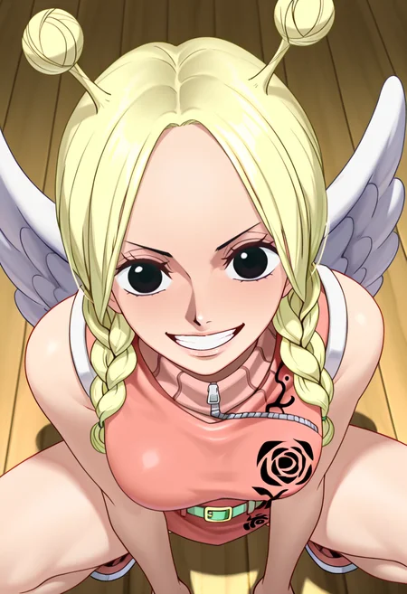 1girl, conis, pink turtleneck dress, green belt, wings, blonde hair, antenna hair, twin braids, braided ponytail, black eyes, squatting, spread legs, looking at viewer, grin, cute, from above, <lora:Conis_ill_v6:1>, very awa, masterpiece, best quality, newest, highres, absurdres,