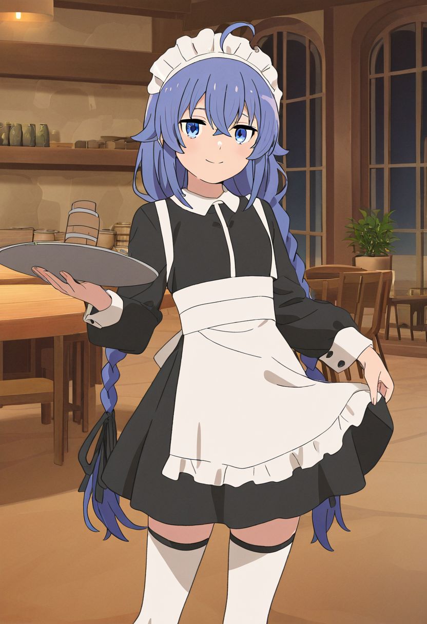 masterpiece, best quality, newest, absurdres, highres, detailed eyes, beautiful, detailed background, perfect eyes, anime coloring, 1girl, solo, roxy migurdia, blue hair, long hair, low twintails, hair between eyes, ahoge, blue eyes, waitress, white headband, maid headdress, black shirt, puffy long sleeves, black skirt, apron, white thighhighs, black mary janes, looking at viewer, smile, holding tray, (indoors, inn, restaurant, table, chair, barrel, jar, potted plant, window, upper body), <lora:roxy_mskt_xl:0.8>